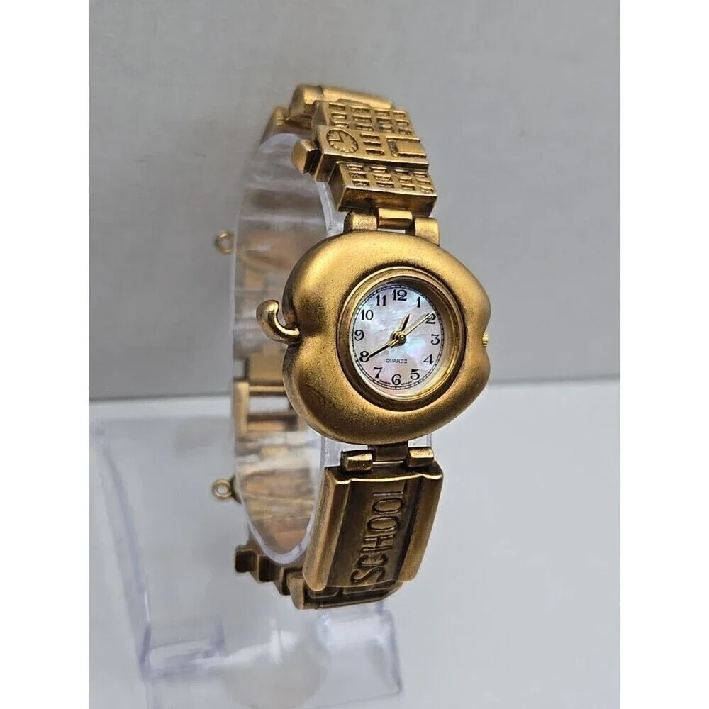 Teacher Apple Bracelet Watch Schoolhouse Charm Gold Tone Quartz New Battery Cute
